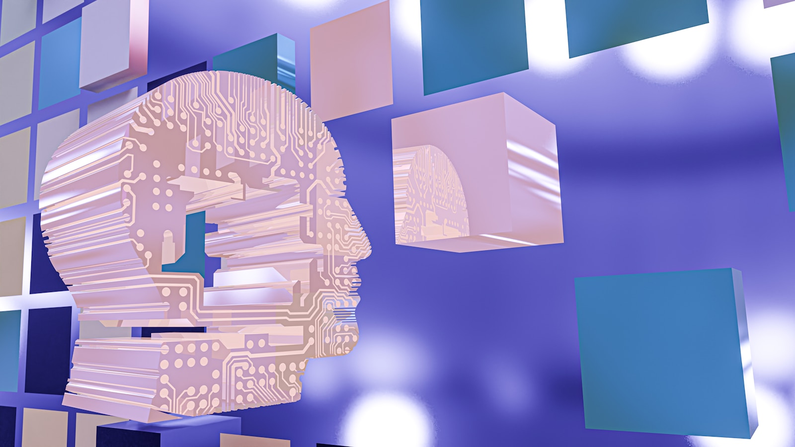 A human head profile rendered as a circuit board against violet geometric blocks, representing agentic AI reasoning applied to enterprise document workflows