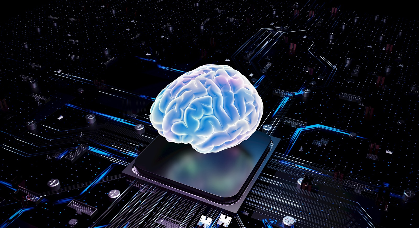 Glowing brain over a CPU on a circuit board, representing artificial intelligence reasoning over enterprise data