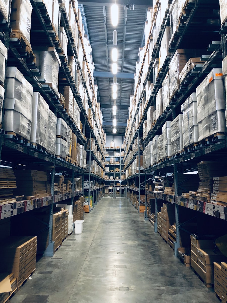 Warehouse shelves stocked with goods