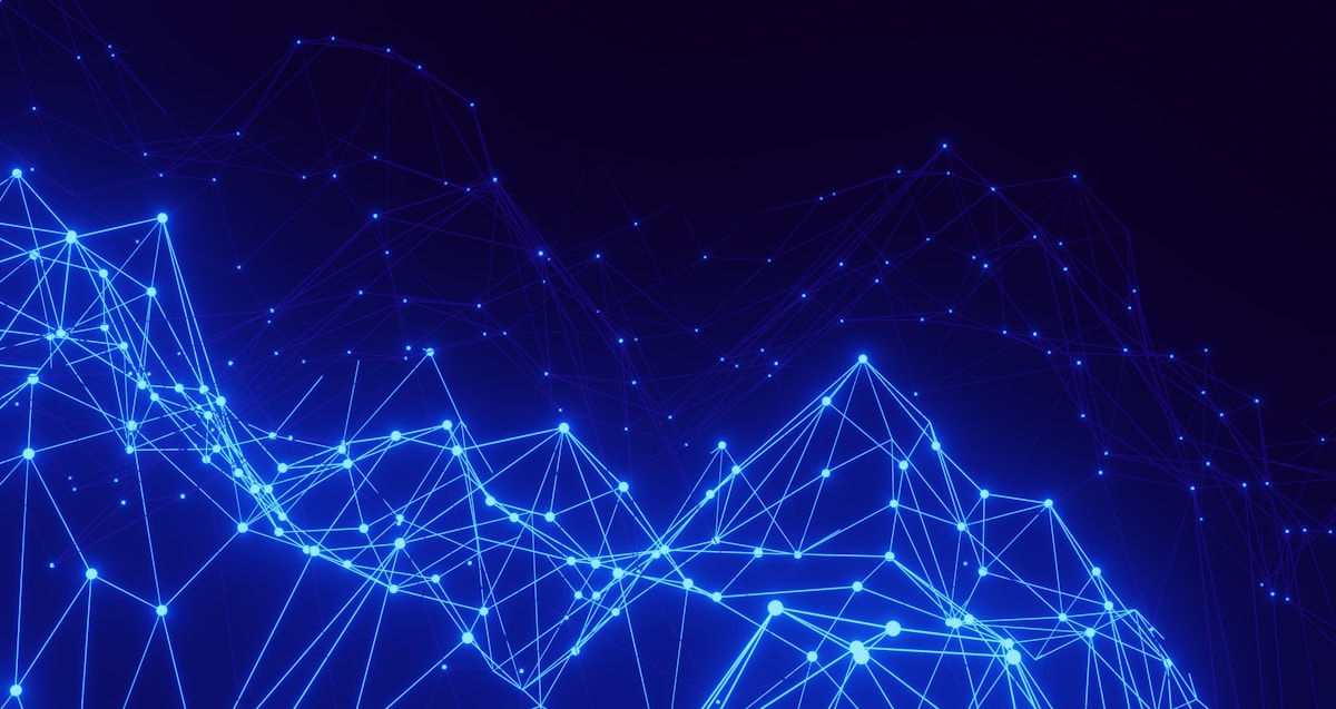 Abstract blue background with interconnected lines and dots representing a strategic AI governance framework and roadmap