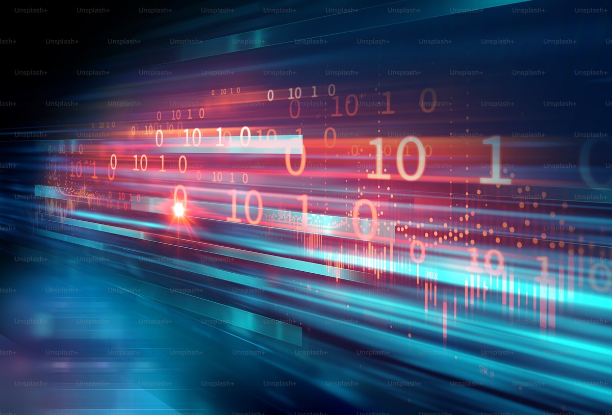 Abstract defocused digital technology background representing big data and digital transformation in finance and logistics