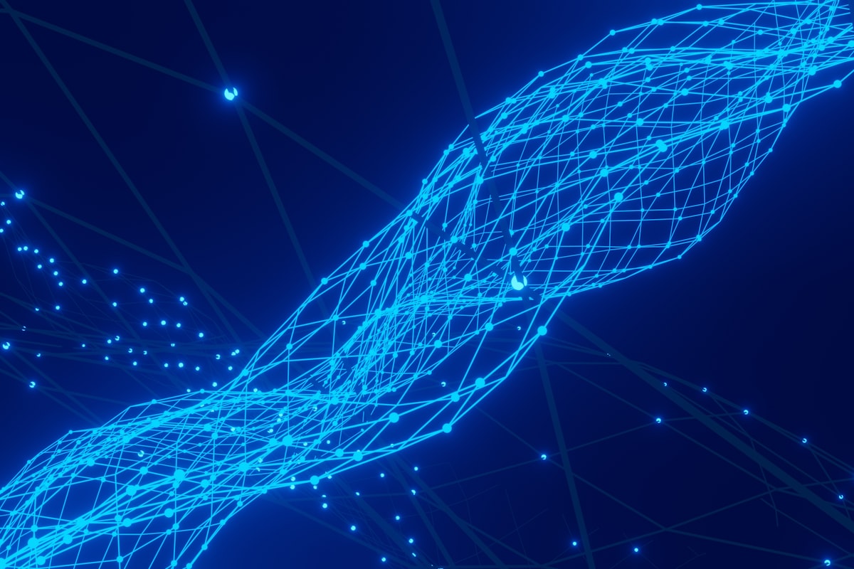 An abstract network of glowing blue interconnected lines and nodes, representing the structured intelligence that connects an enterprise automation roadmap end to end