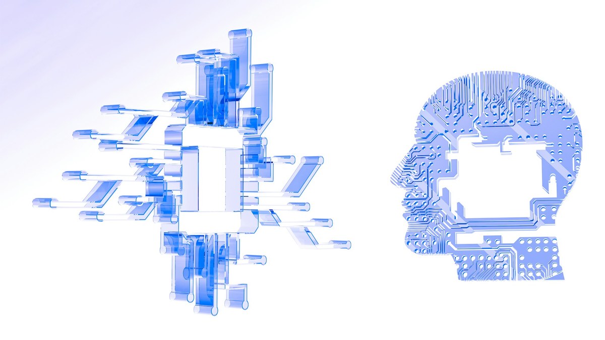 A human head rendered as a circuit board beside an exploded view of a computer chip, representing the reasoning layer that agentic AI adds on top of deterministic automation