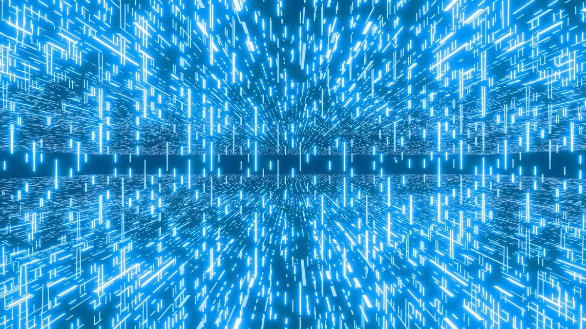 A dense field of blue glowing data streams converging toward a vanishing point, representing the flow of enterprise data that every automation depends on