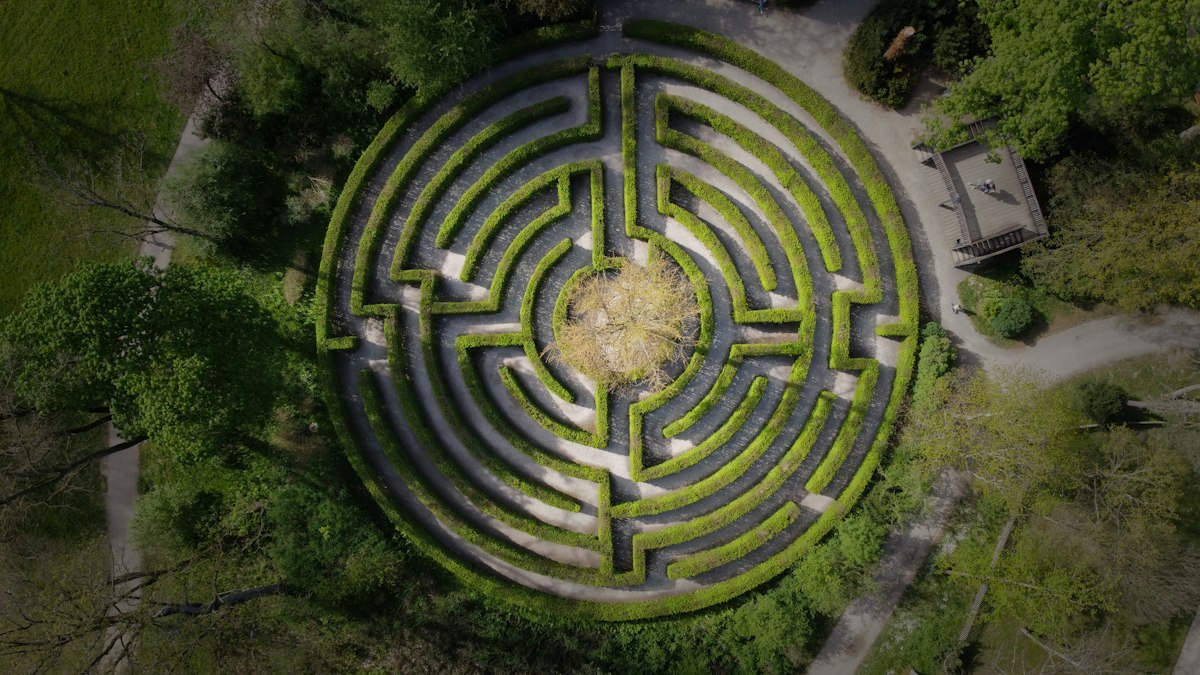 An aerial view of a circular hedge maze in a park, its concentric paths winding toward a single centre